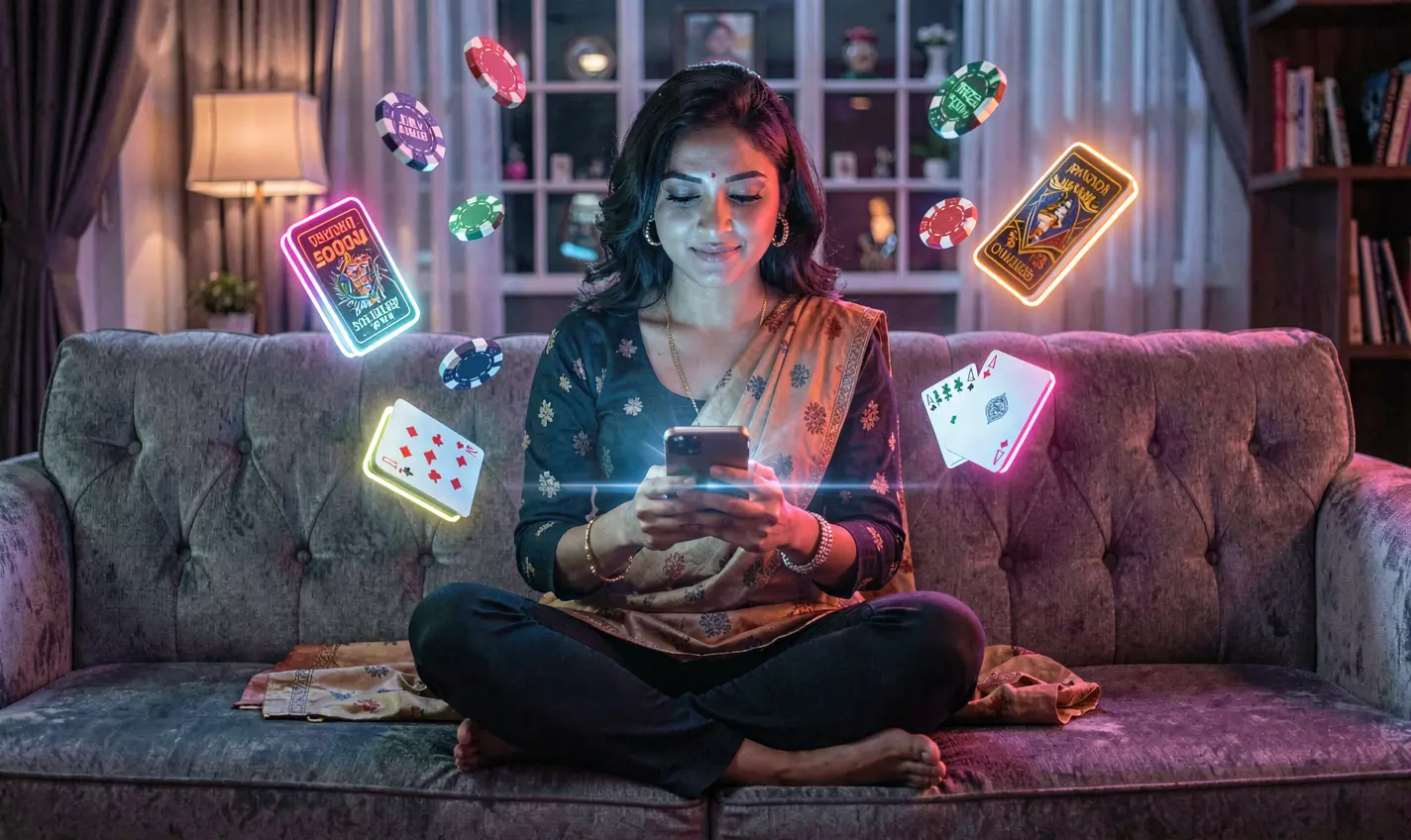 Focused Bangladeshi woman playing mobile casino games with colorful chips and cards floating around her using the 20OK app