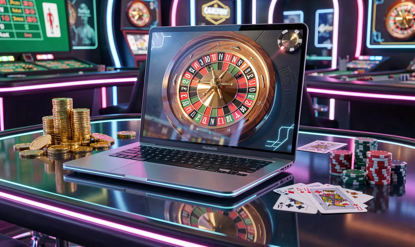 Modern laptop displaying a live roulette wheel surrounded by casino chips and coins representing premium online casino action at 20OK for players in Bangladesh
