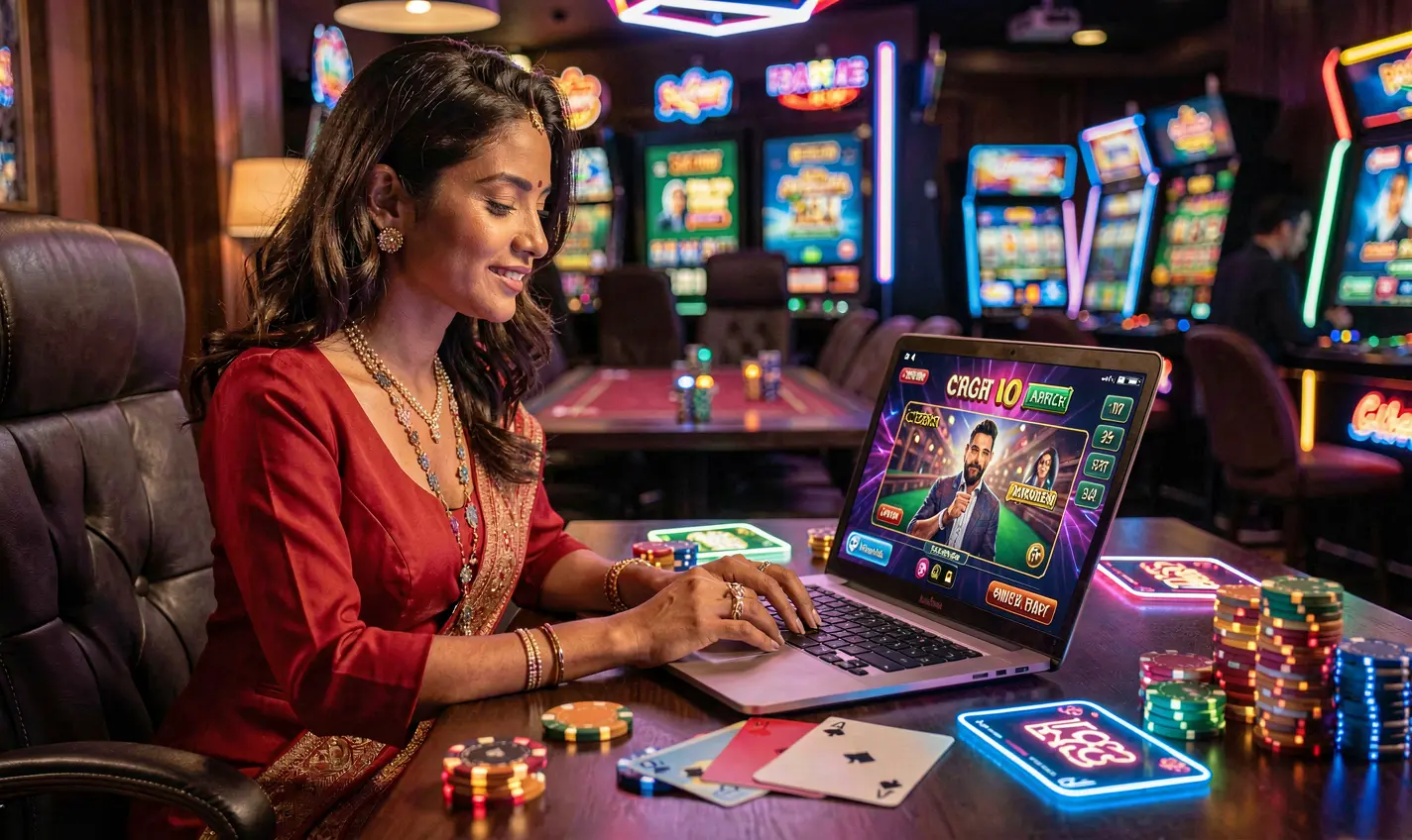 Confident woman in a red dress playing digital casino games on a laptop surrounded by glowing chips and cards at 20OK online casino in Bangladesh