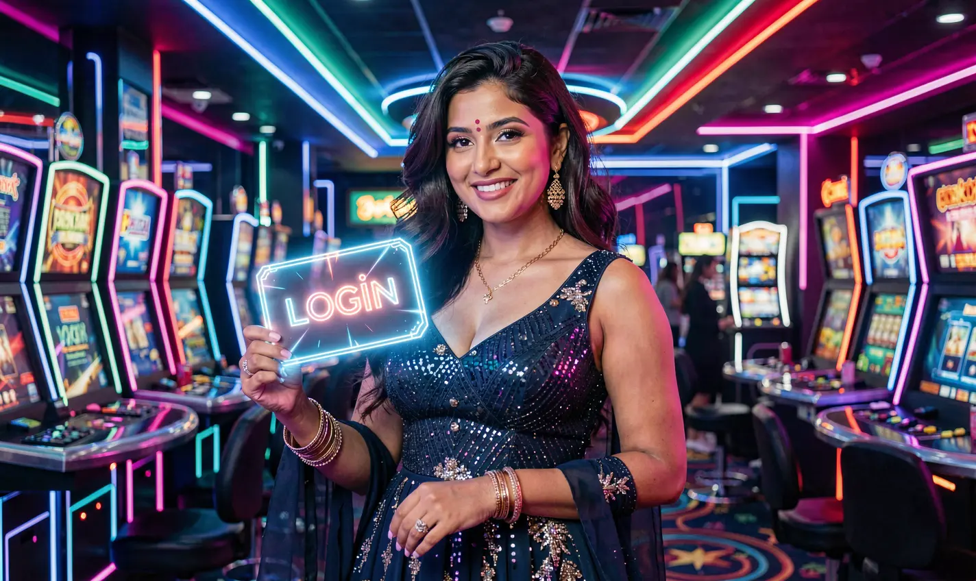 Stylish Bangladeshi woman holding a glowing login card in a neon casino environment representing secure account access at 20OK