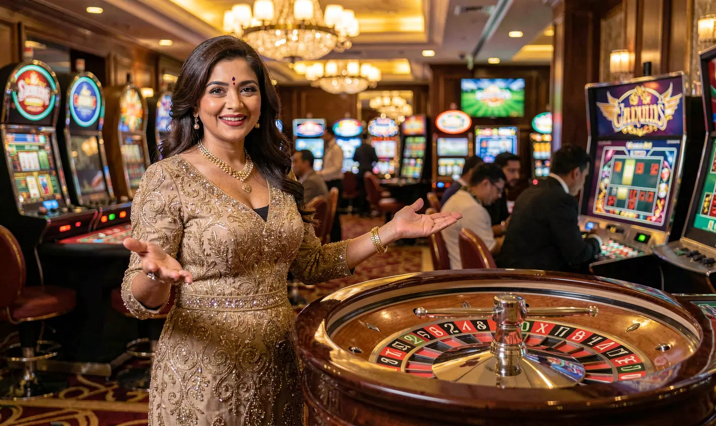 Glamorous female roulette dealer in a sparkling evening dress presenting the wheel in a luxury casino atmosphere at 20OK online casino for players in Bangladesh