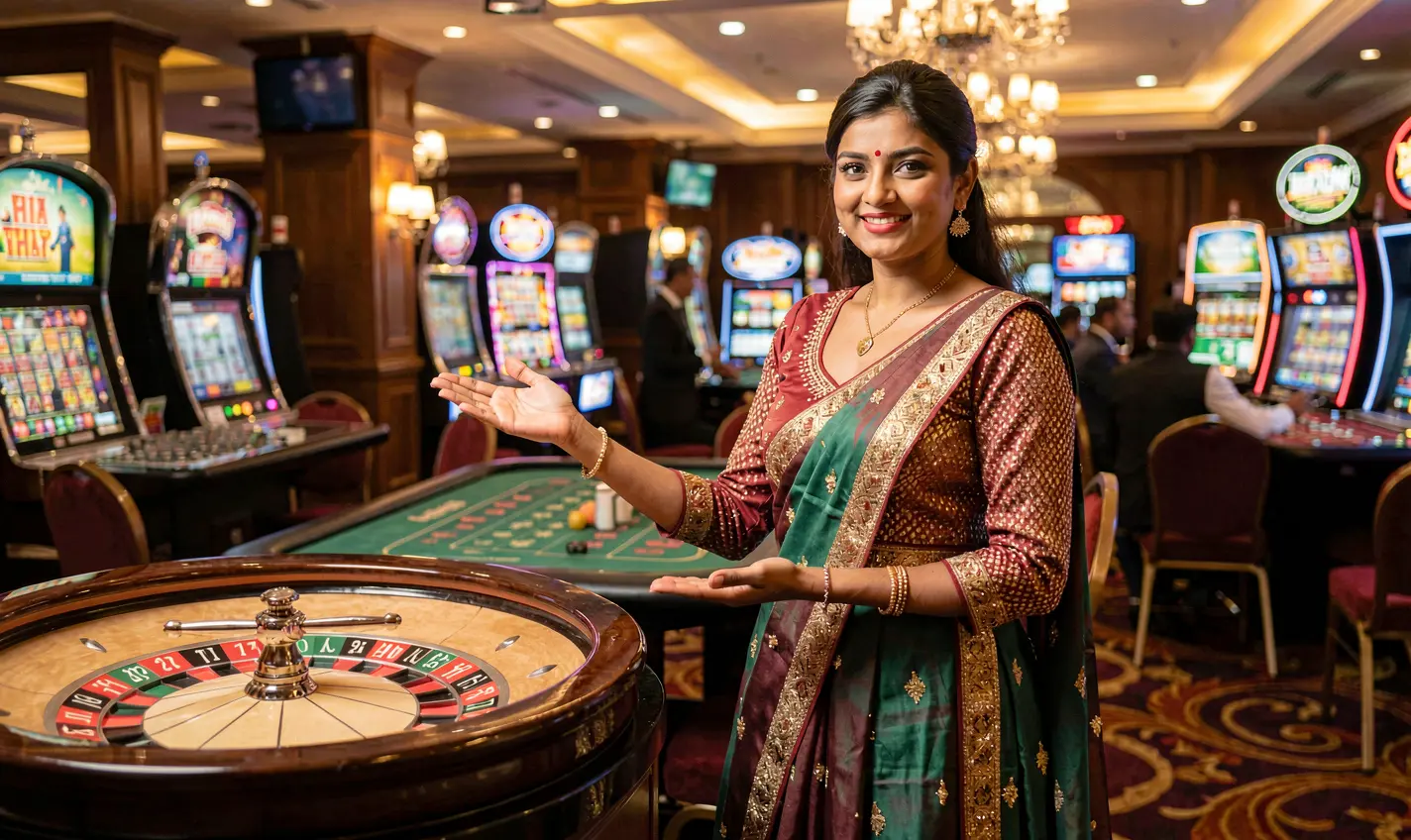 Elegant live casino hostess standing by a roulette table in a luxurious studio atmosphere representing the premium live gaming experience on 20OK for players in Bangladesh