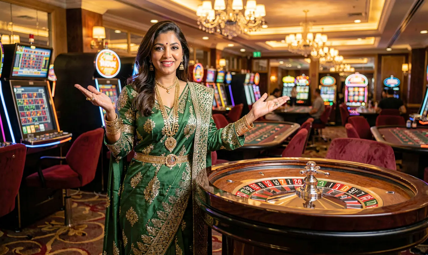 Elegant casino hostess welcoming players at a roulette table with bright lights and a glamorous atmosphere representing the premium live casino experience at 20OK for Bangladesh