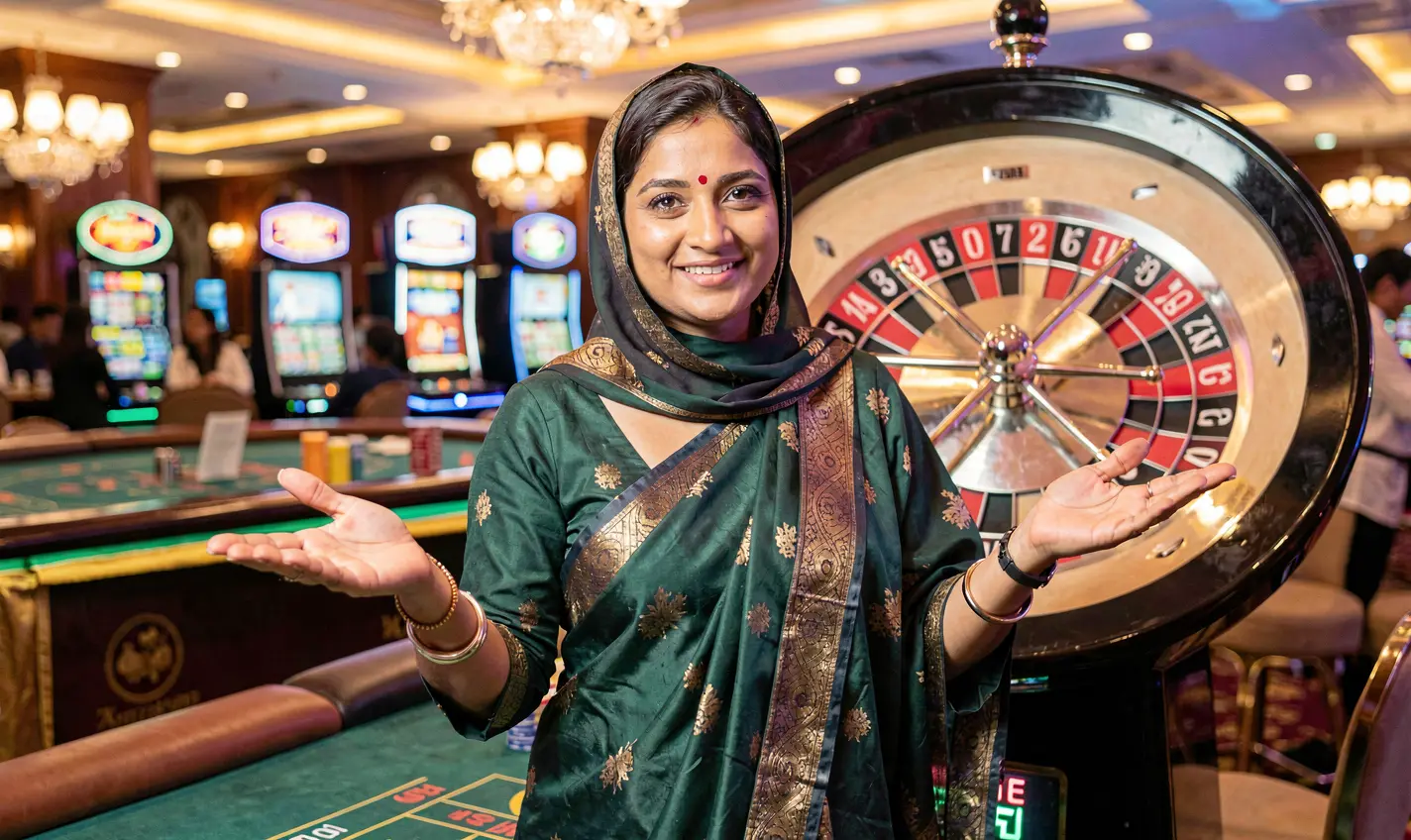 Stylish casino dealer in a red uniform presenting live roulette action and immersive gameplay at 20OK Casino for Bangladeshi players