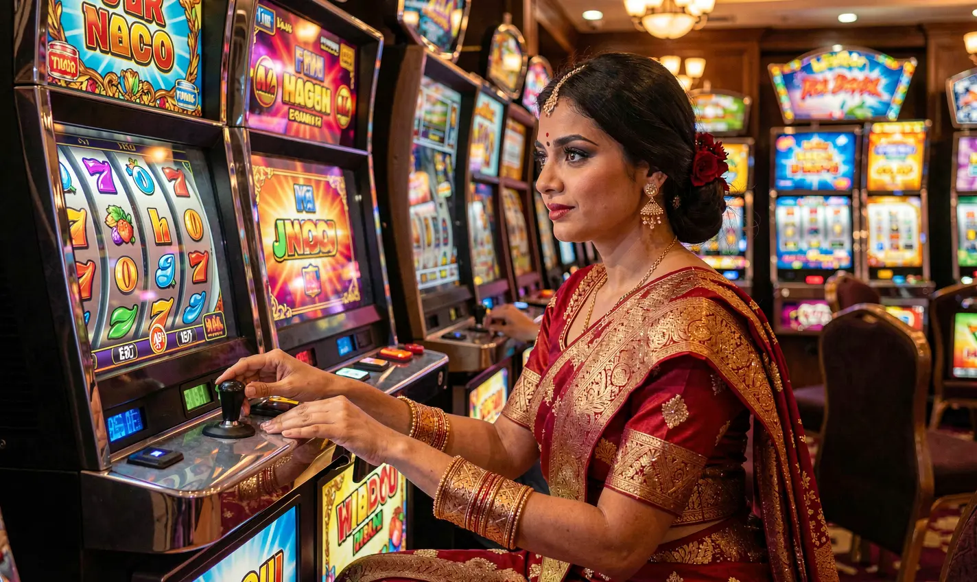 Elegant woman in traditional Bangladeshi attire playing a glowing slot machine in a modern casino atmosphere at 20OK with cinematic lighting